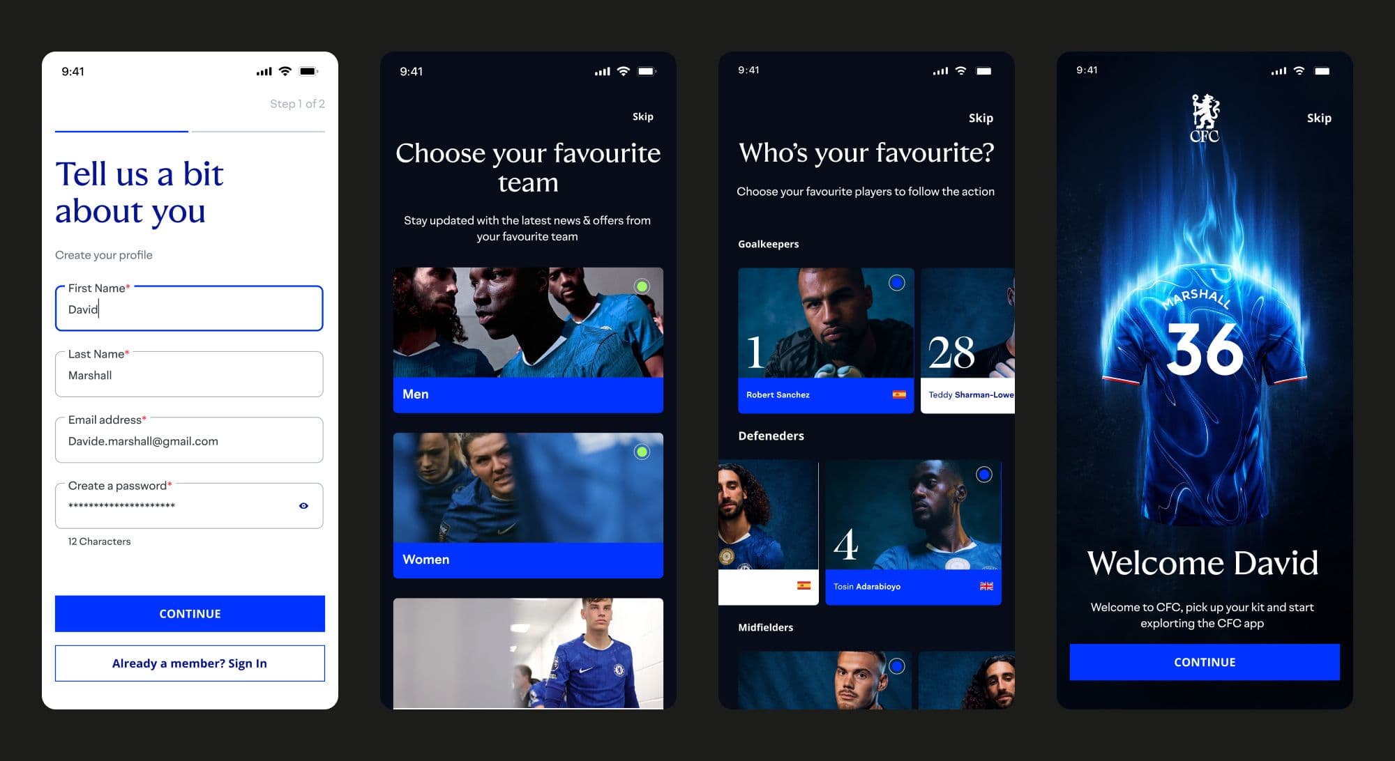 Onboarding: sign up, choose a team and favourite player