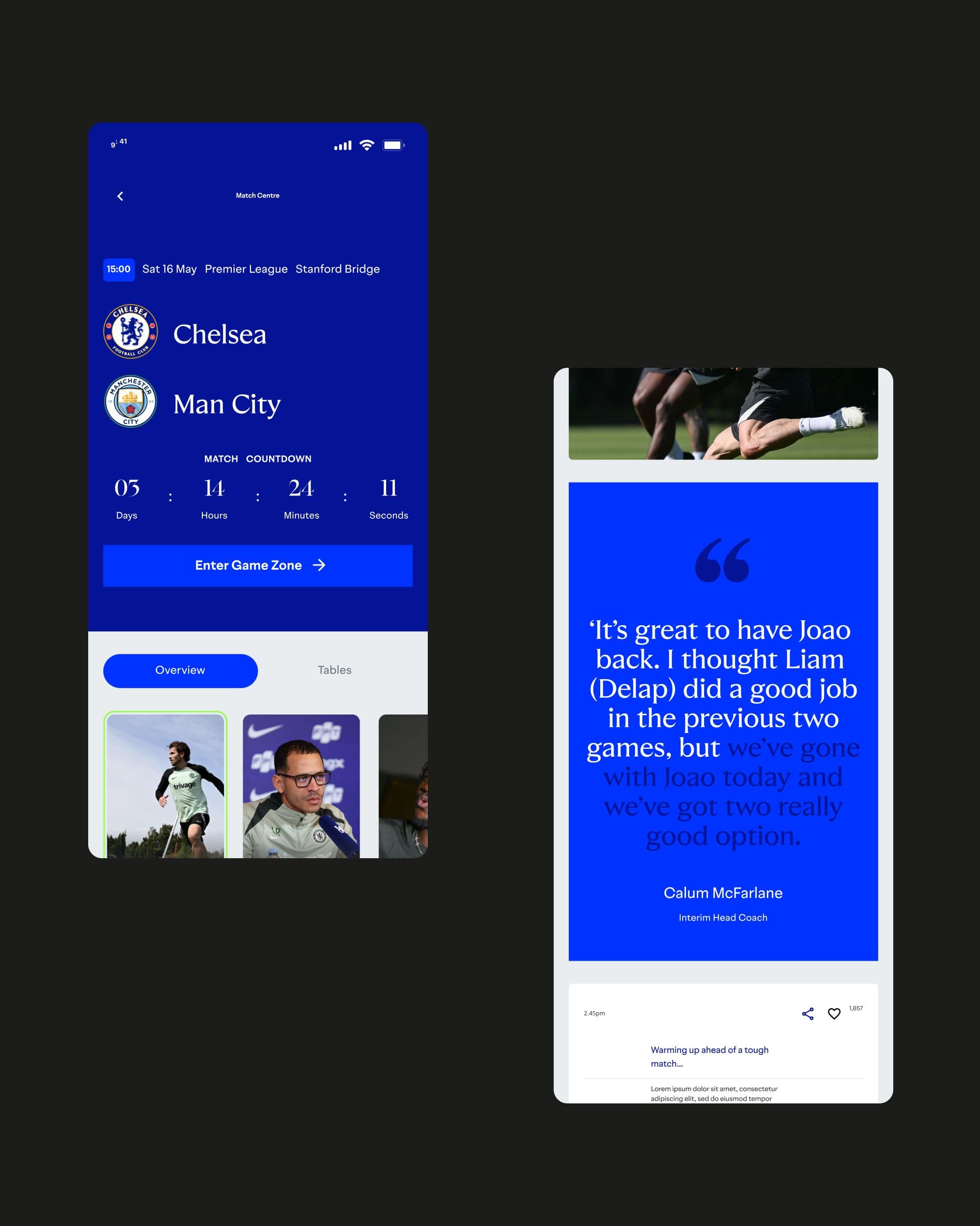 Match centre before and after the game