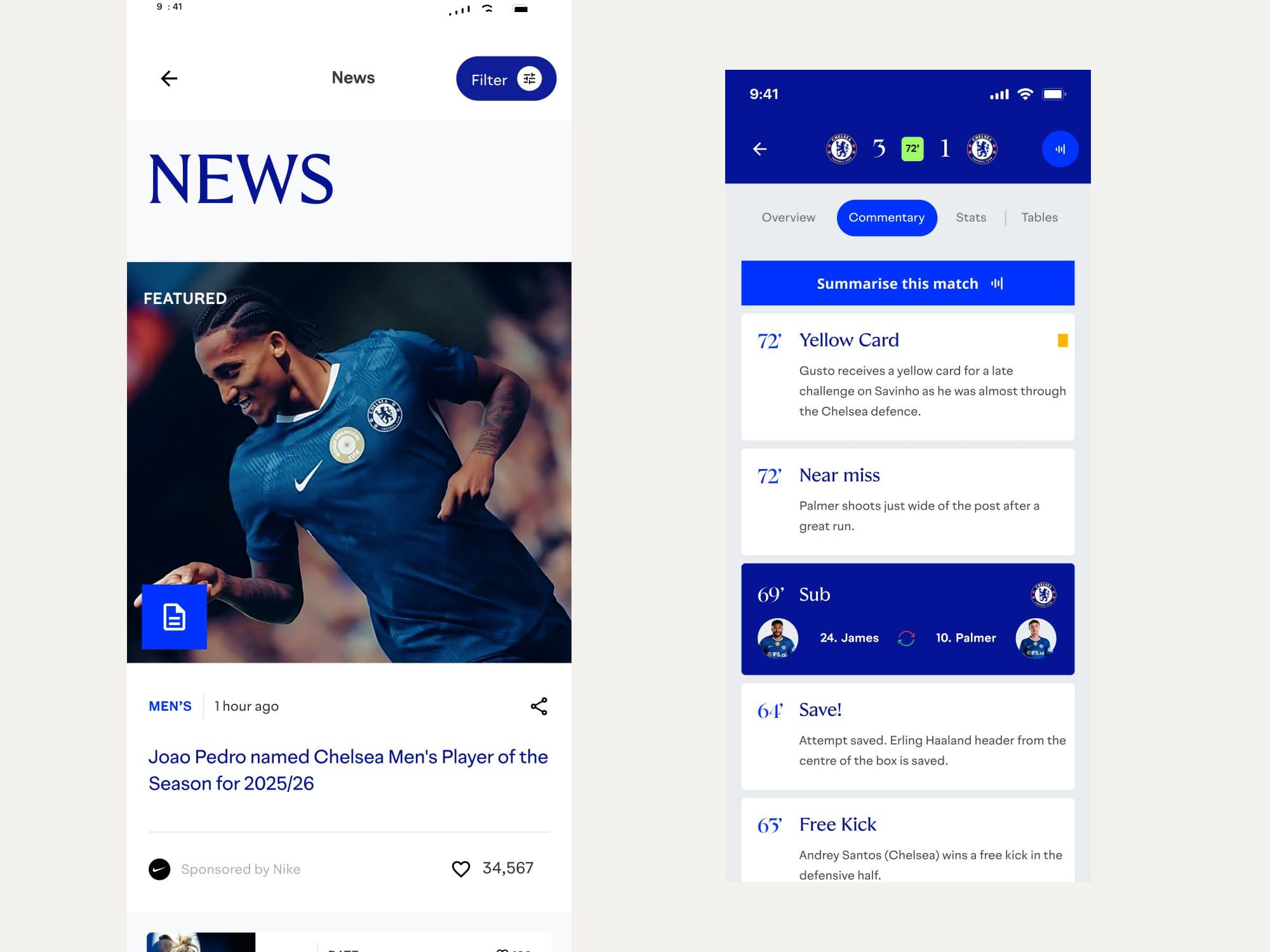 News feed and live commentary