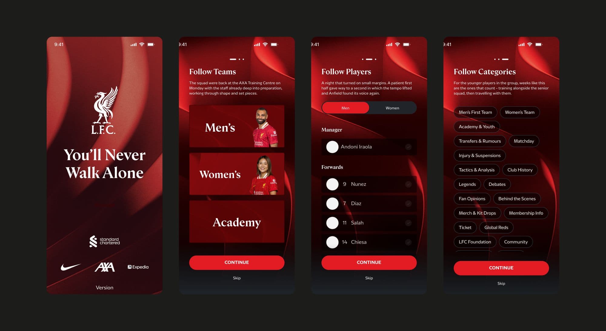 Onboarding: follow teams, players and topics