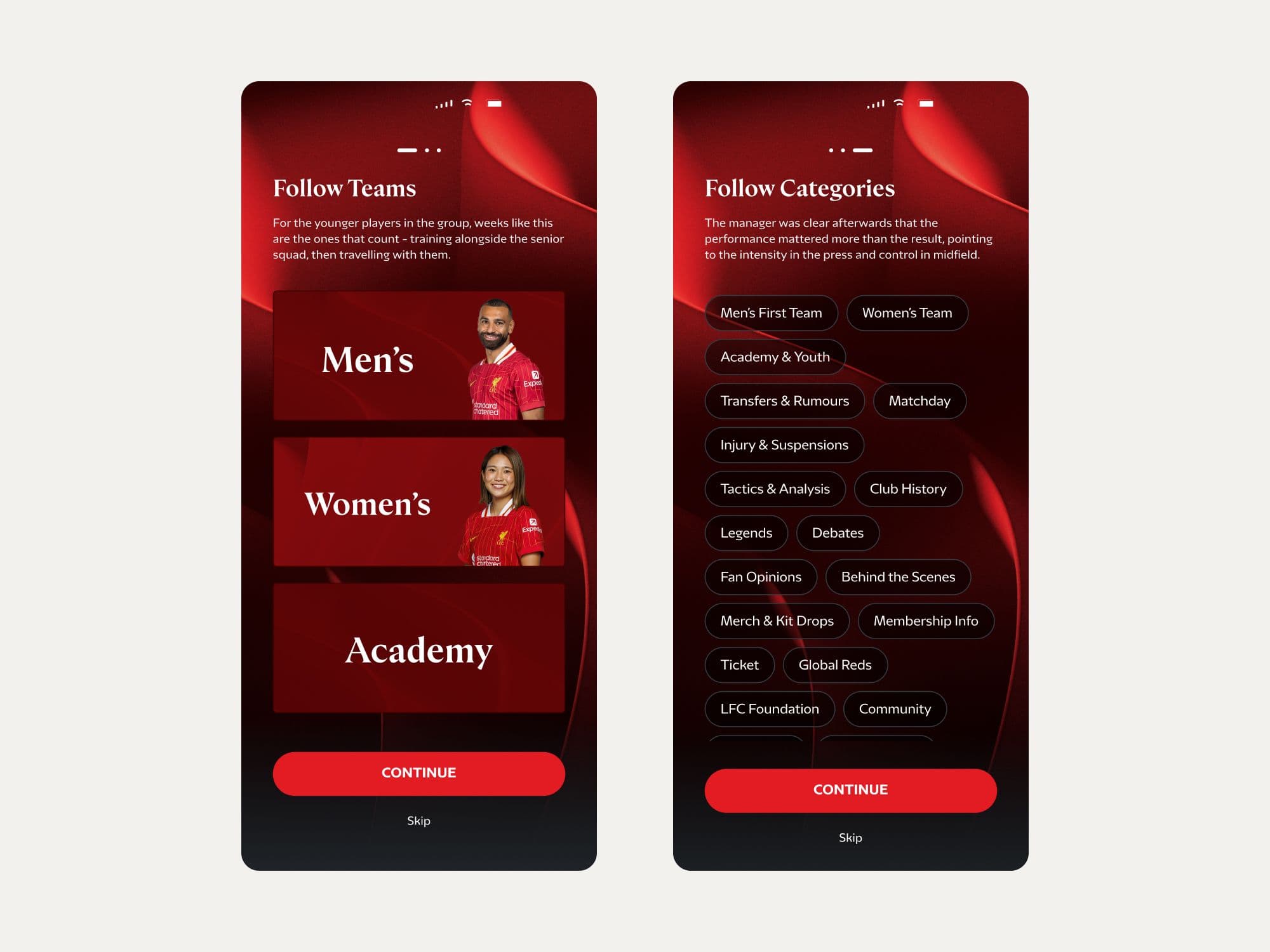 Choosing teams and categories