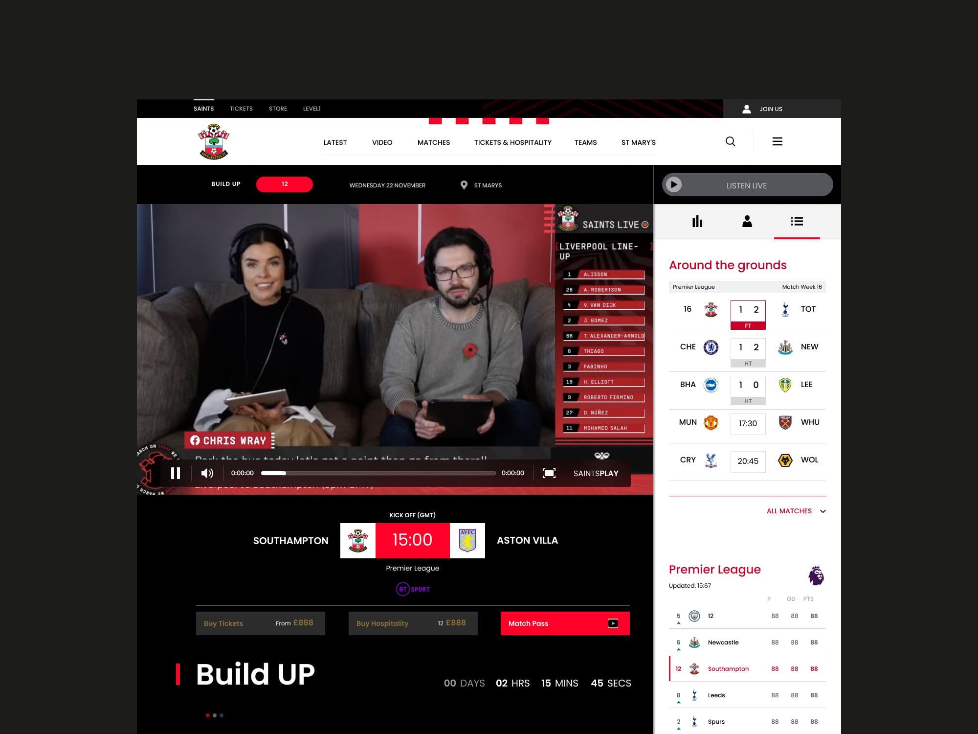 Matchday build-up with live video