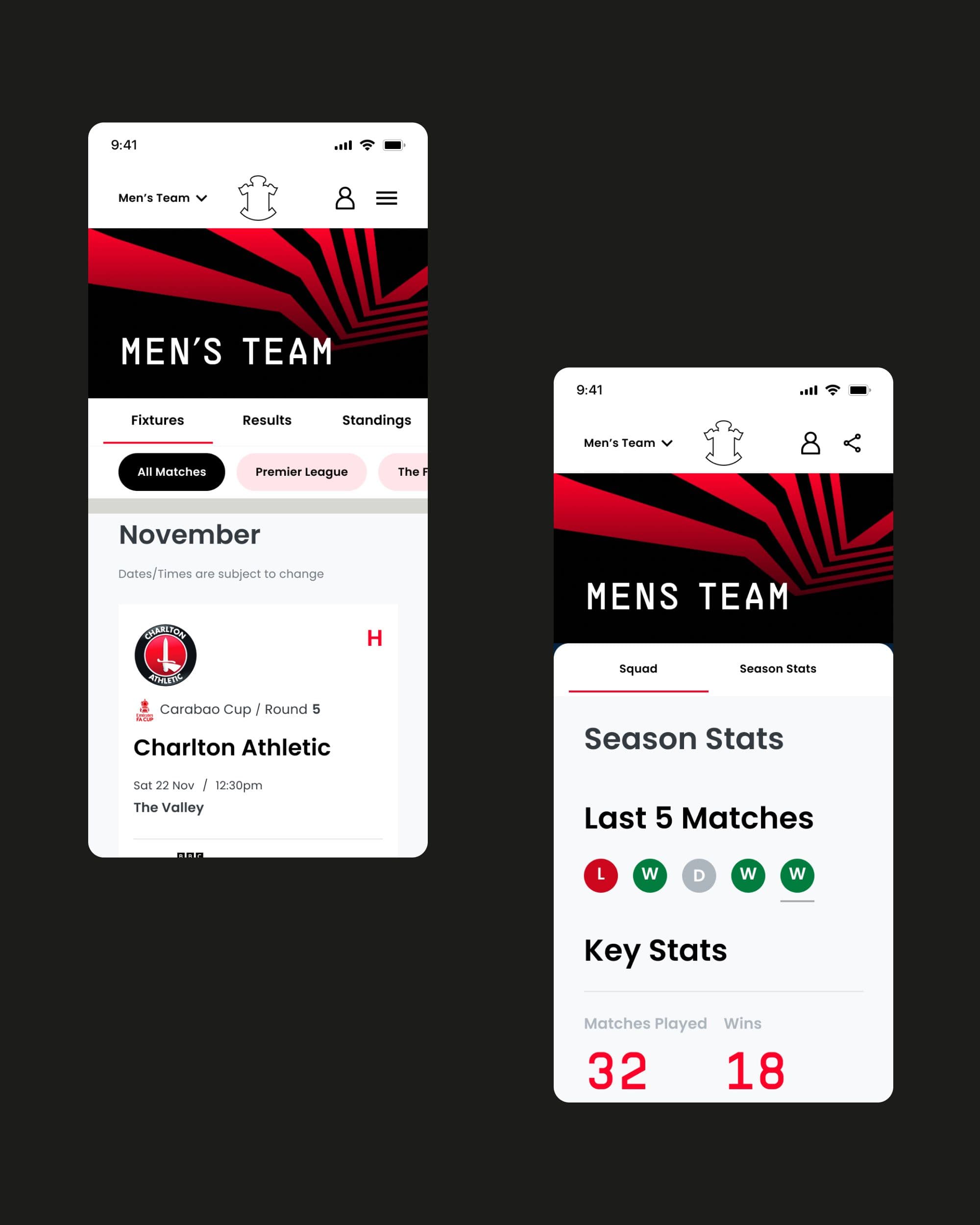 App team hub and season stats